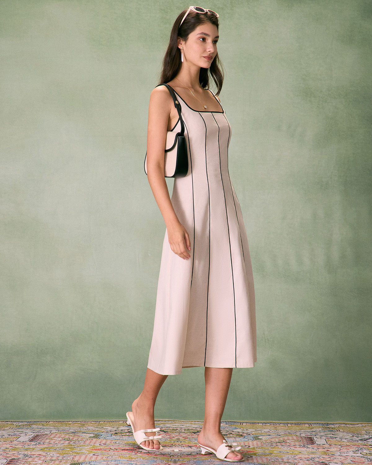 The Khaki Square Neck Contrast Midi Dress