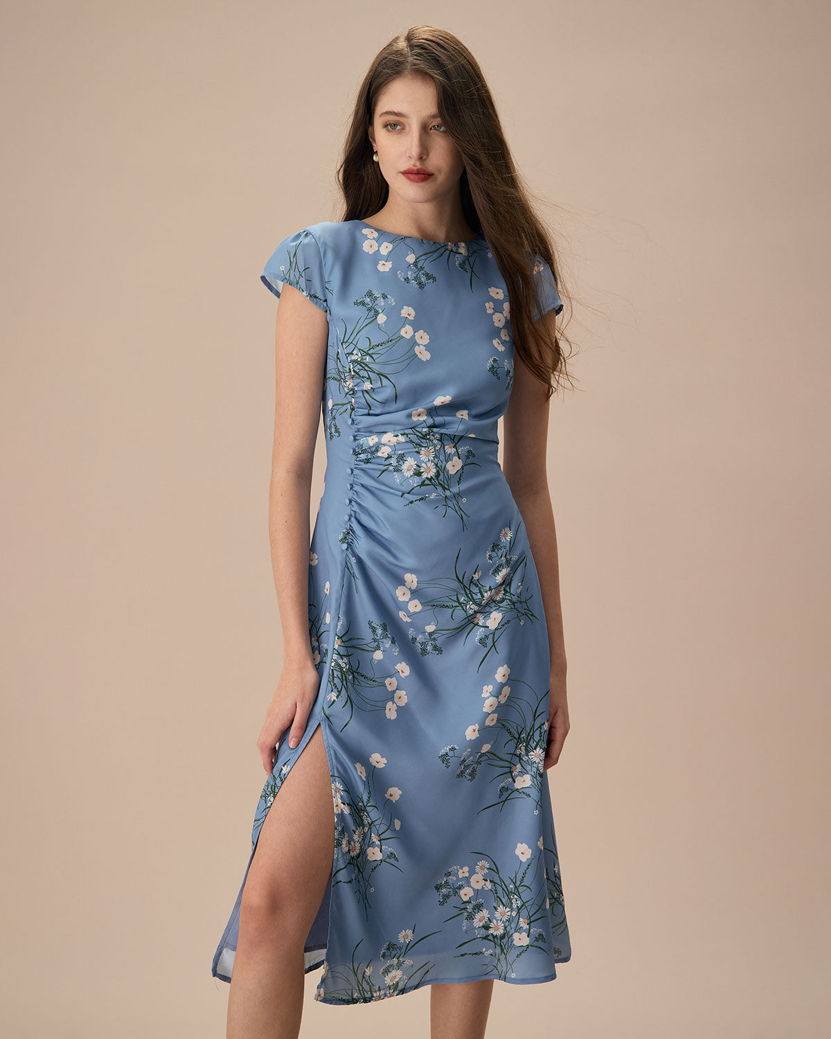 The Blue Round Neck Slit Floral Midi Dress