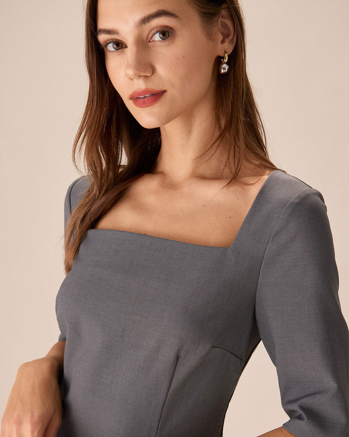 Grey Square Neck Slit Midi Dress