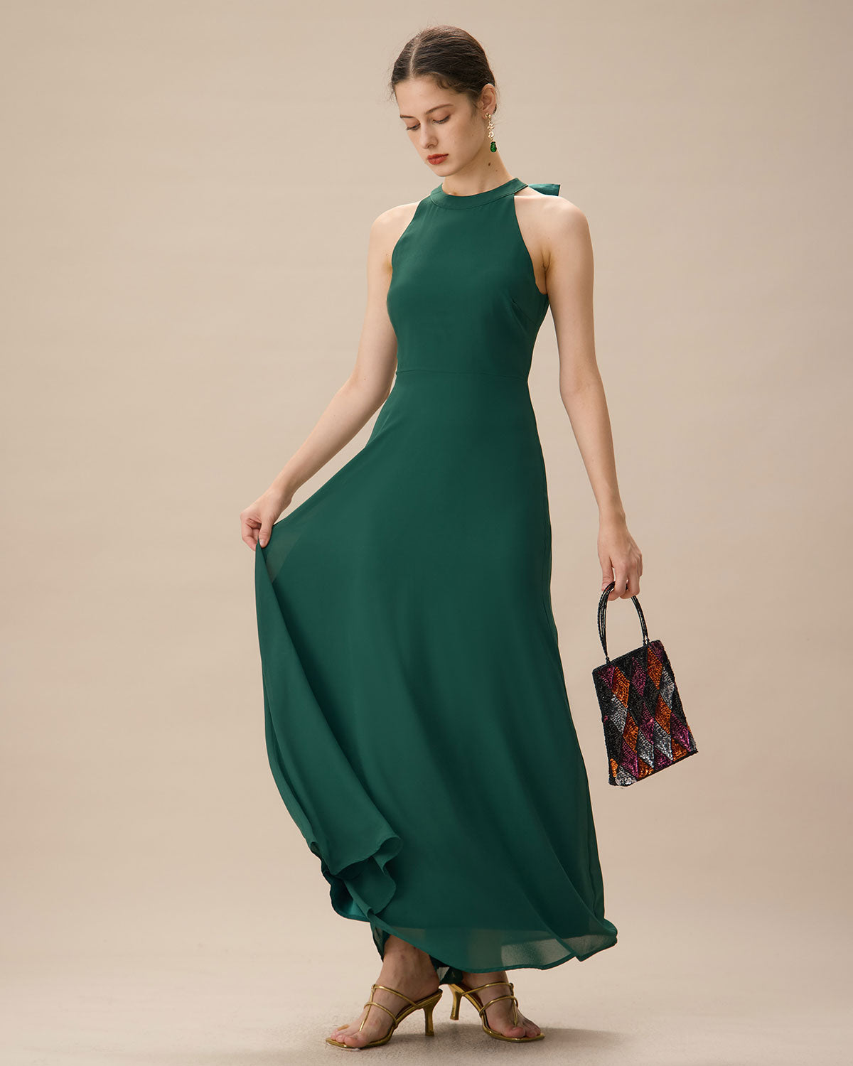 Green Halter Bowknot Back Maxi Dress