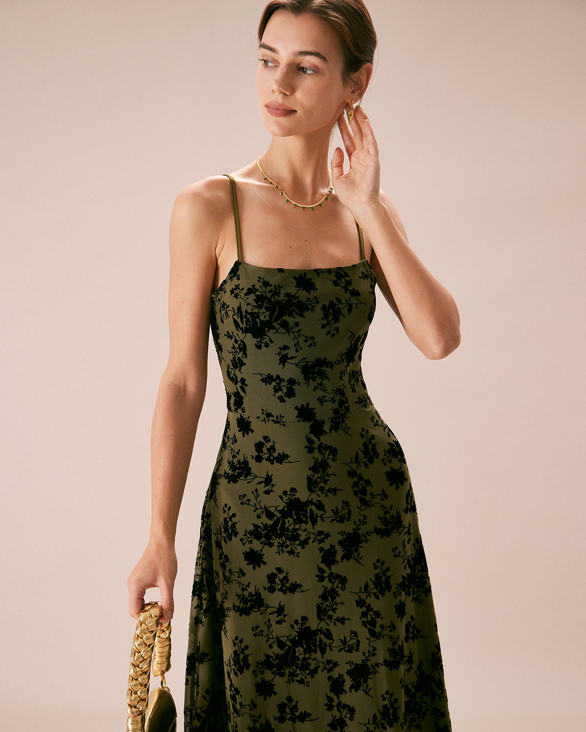 The Green Floral Burnout A-Line Slip Midi Dress