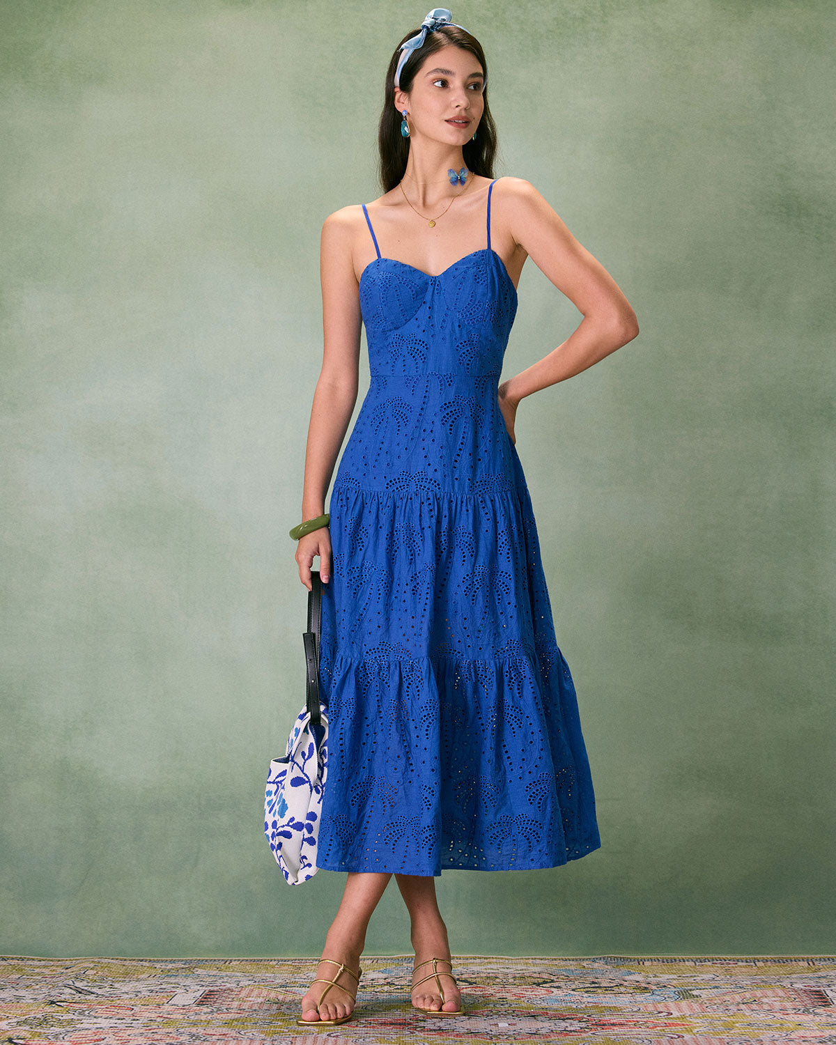 The Blue Sweetheart Neck Embroidery Slip Midi Dress