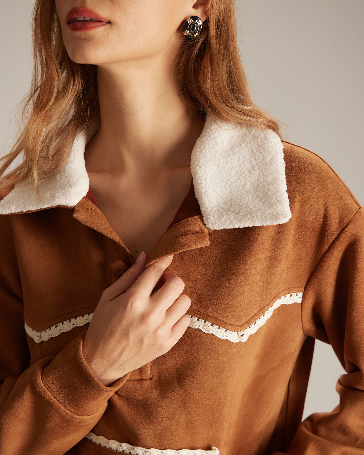 The Brown Lapel Button Suede Sweatshirt