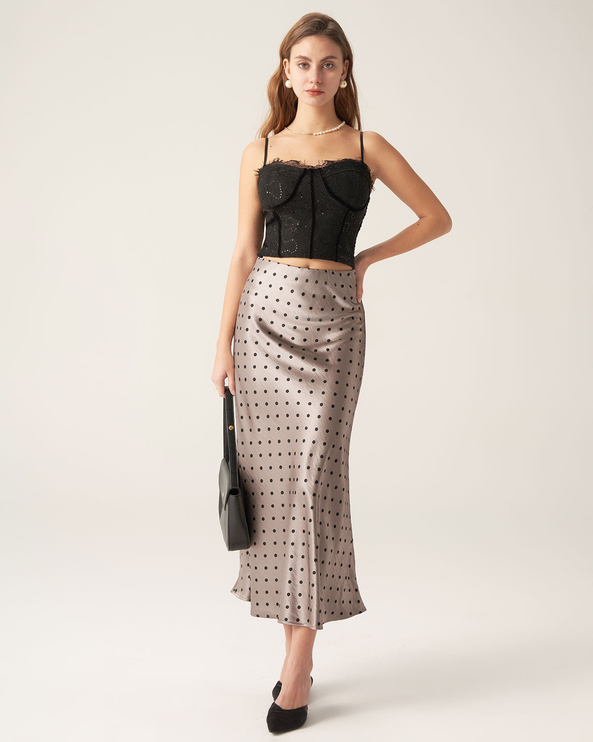 Apricot Polka Dot Straight Midi Skirt