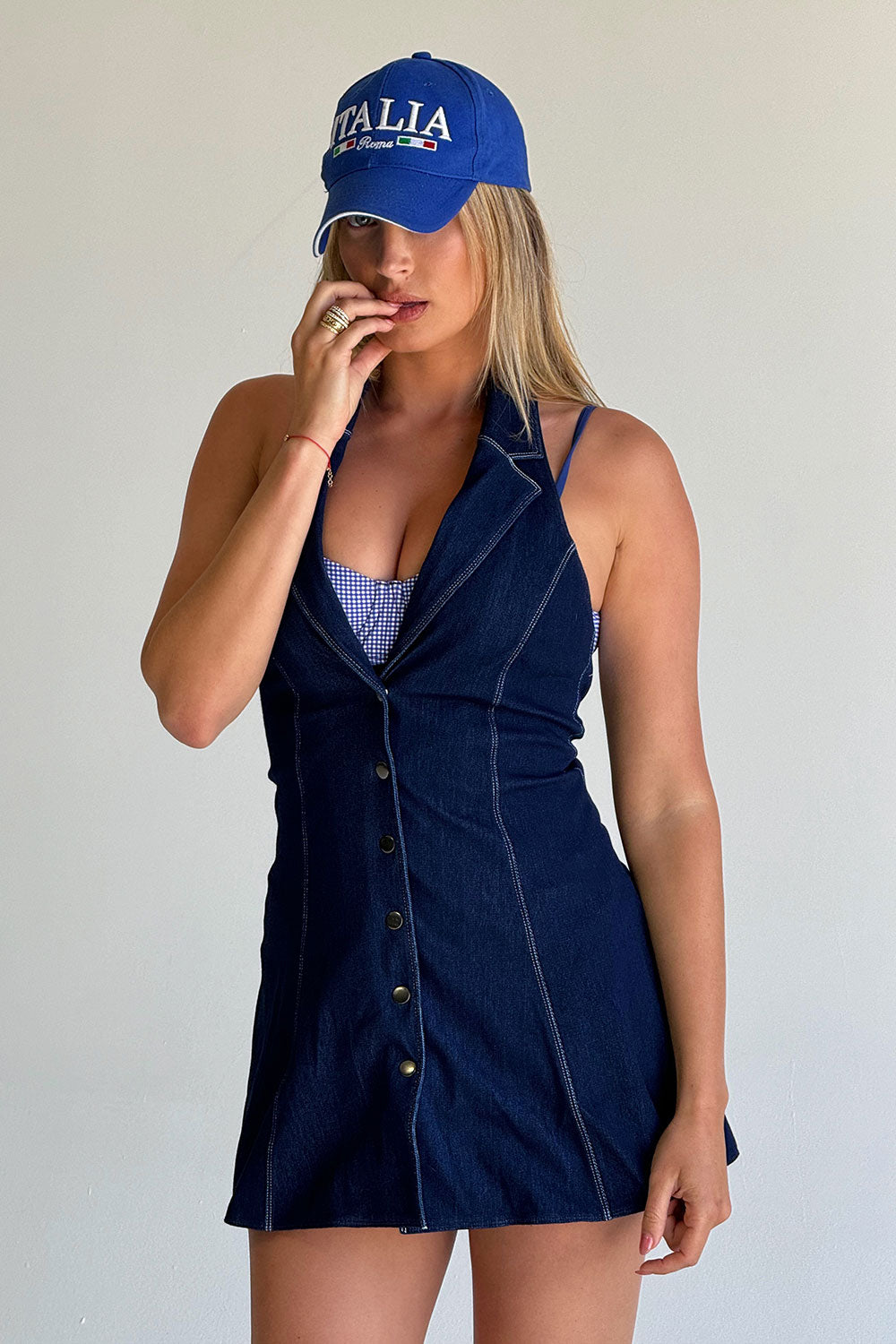 Moonlight Denim Halter Dress - Blue Denim