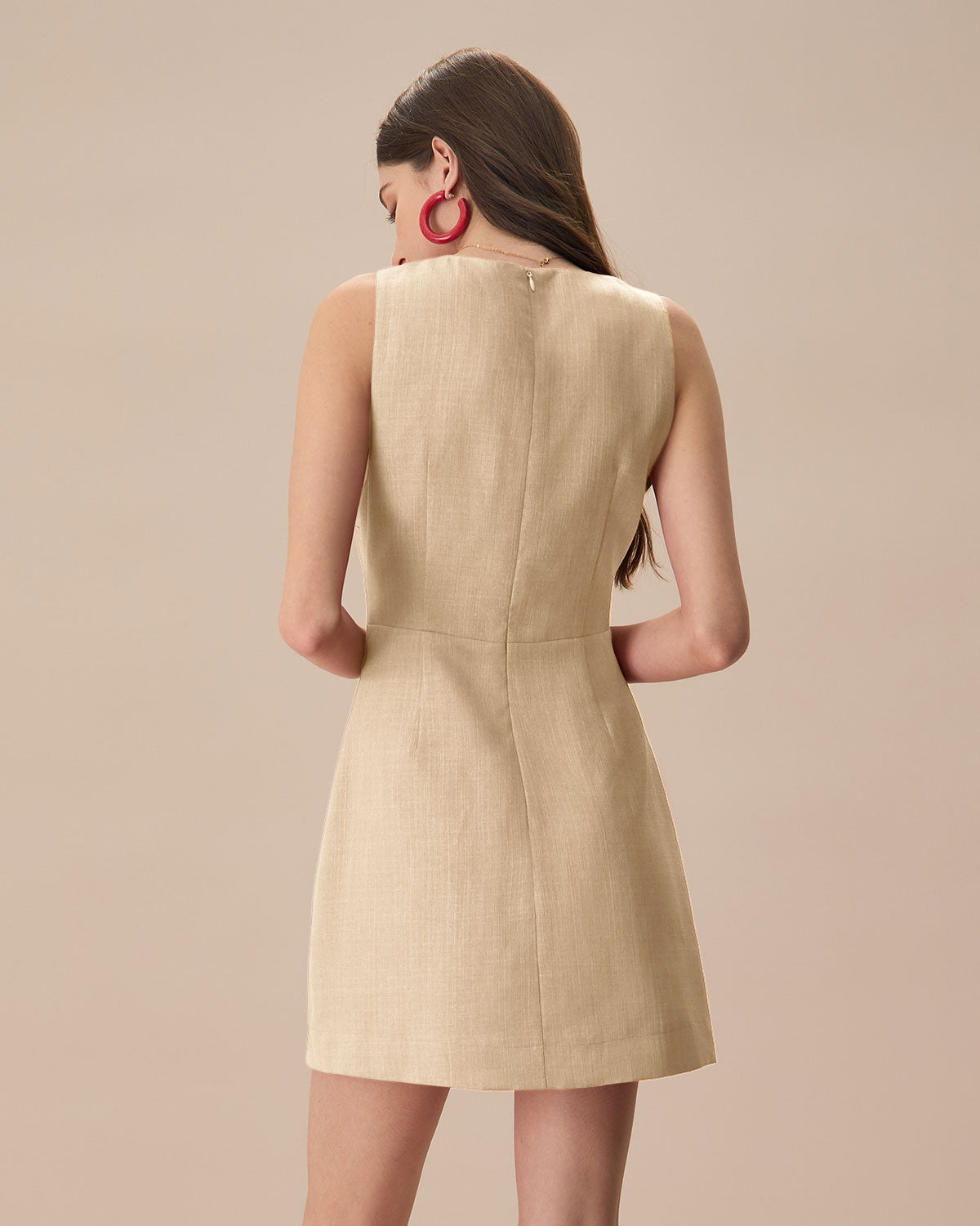 The Beige V Neck Sleeveless Linen Mini Dress