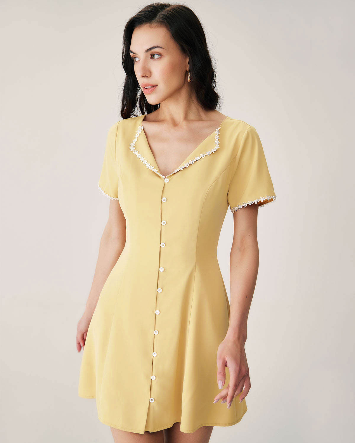 Yellow V-neck Button Mini Dress