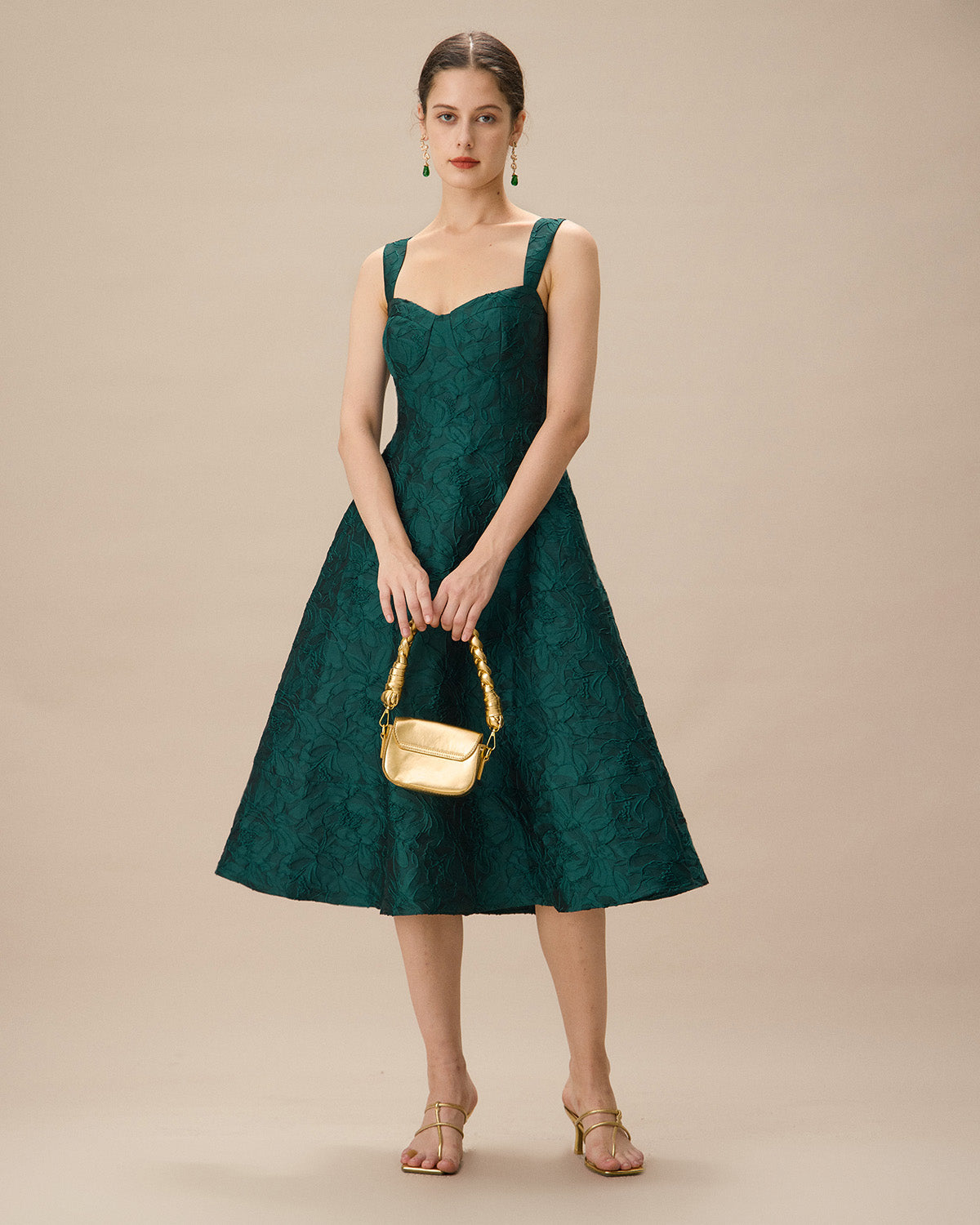 Green Sweetheart Neck Jacquard Midi Dress