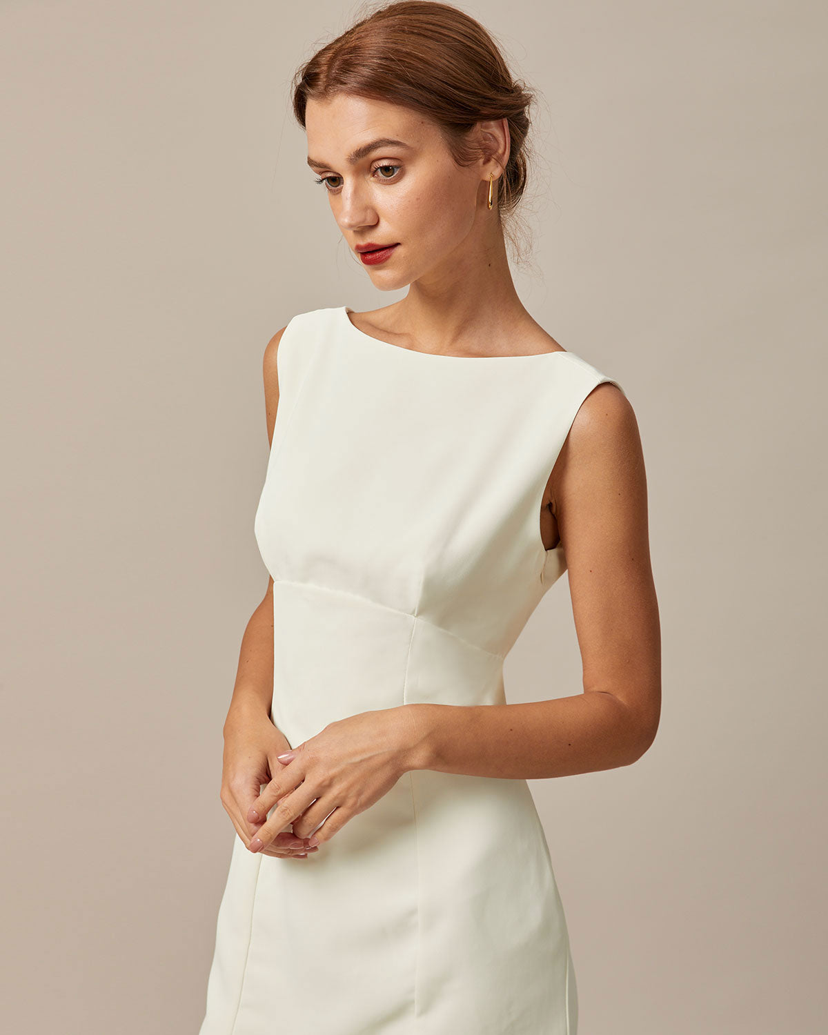 The Beige Boat Neck Back Bowknot Mini Dress