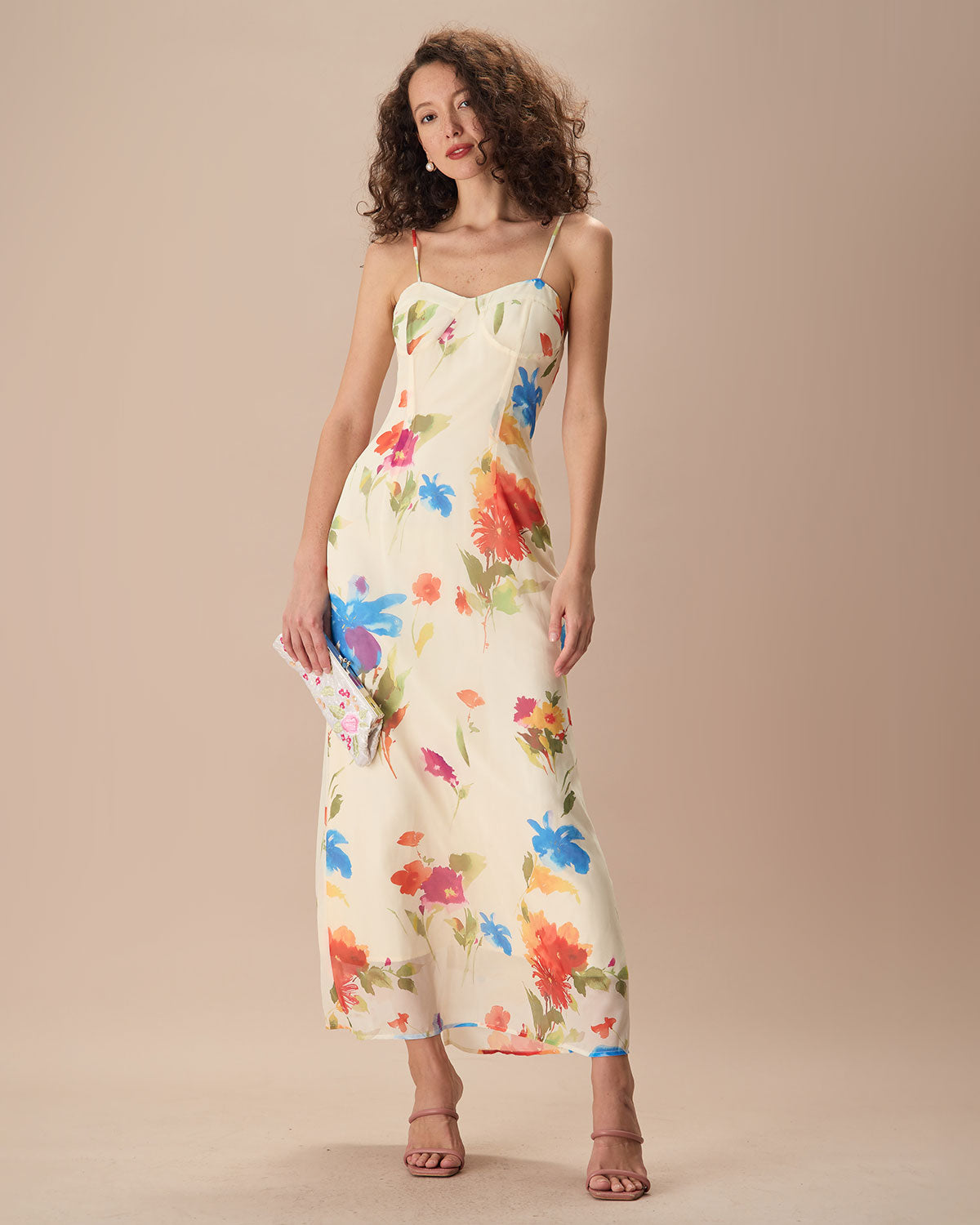 Women's Beige Floral Slip Maxi Dress