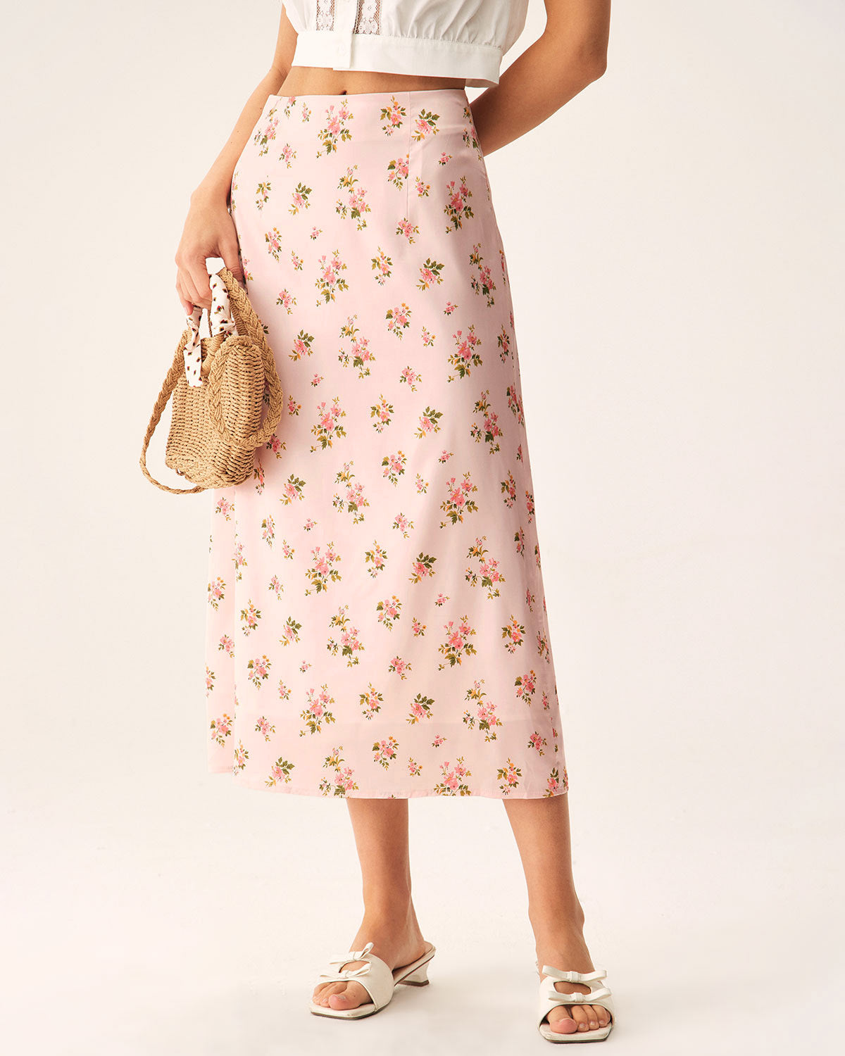 Pink Floral Satin Straight Midi Skirt