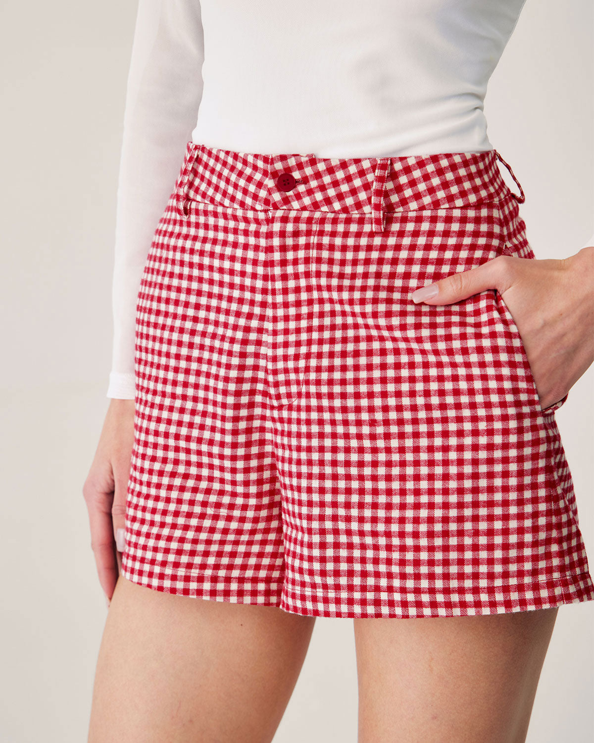 Red Plaid High-waisted Pocket Shorts