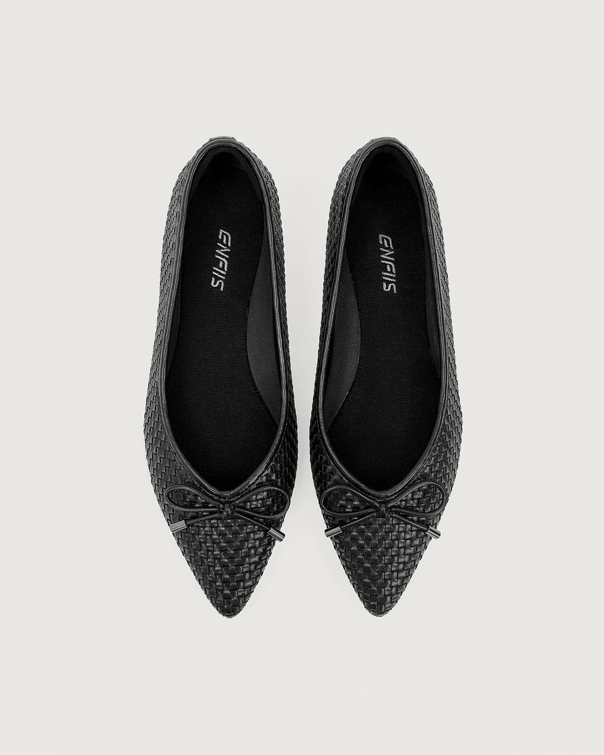 Enfiis Black sheepskin pattern microfiber woven ballet flats.