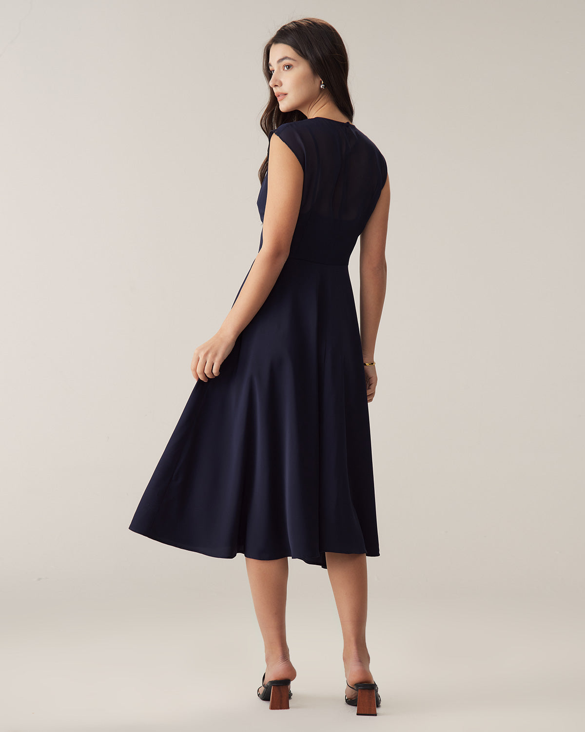 Navy See-through Cap Sleeve Midi Dress