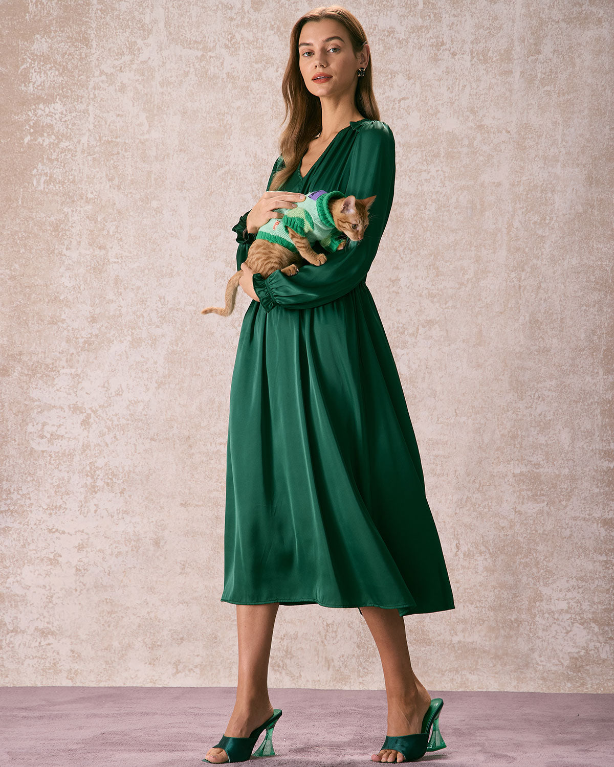 The Green V Neck Ruched Satin Midi Dress