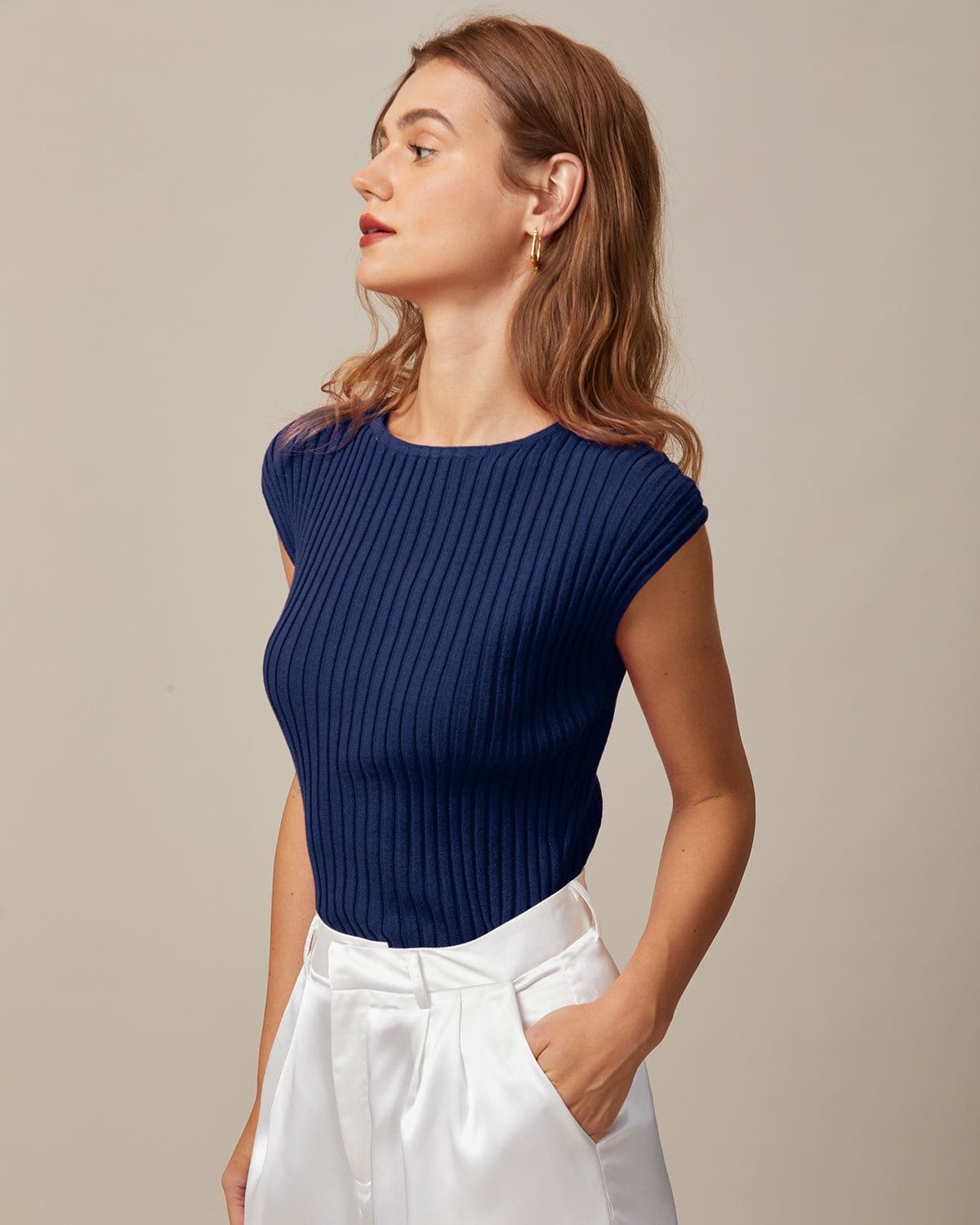 The Blue Boat Neck Ribbed Cap Sleeve Knit Tee