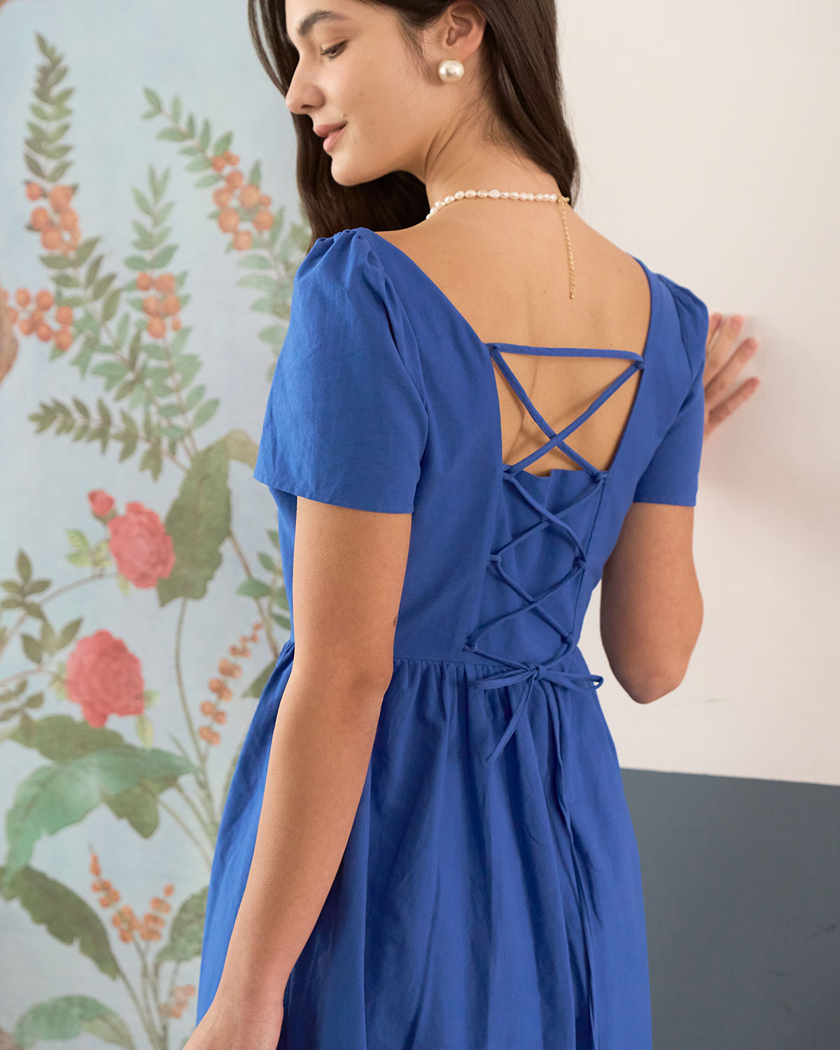 The Blue Sweetheart Neck Button Midi Dress