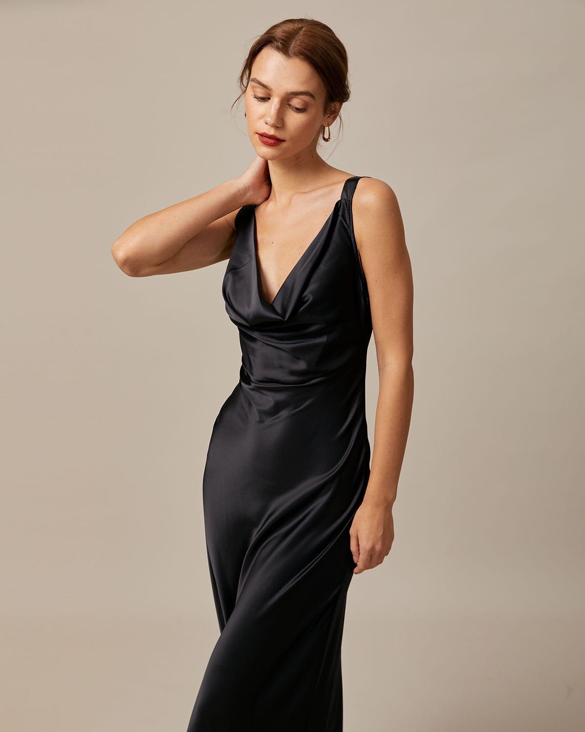 The Black Cowl Neck Sheath Satin Maxi Dress