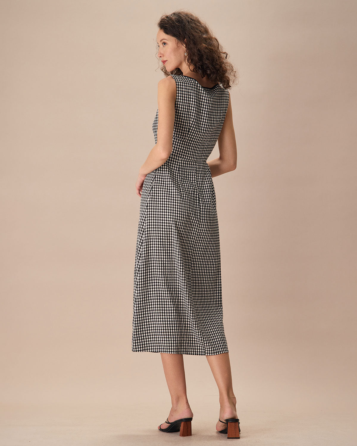 The Black Square Neck Tie Plaid Midi Dress