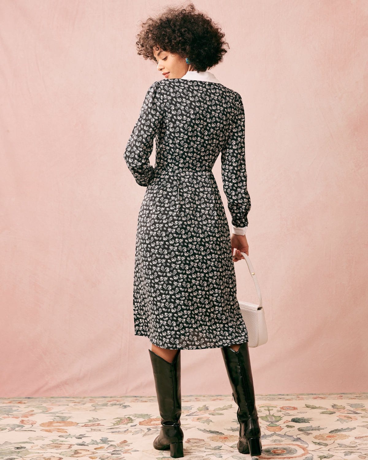 The Collared Patchwork Long Sleeve Midi Dress