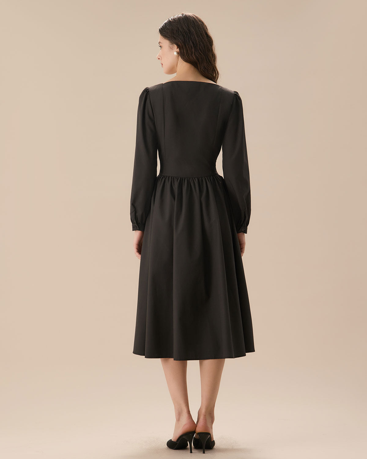 Black Square Neck Puffed Sleeve Midi Dress