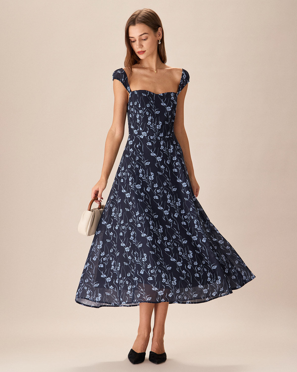 Navy Floral Sweetheart Neck Midi Dress