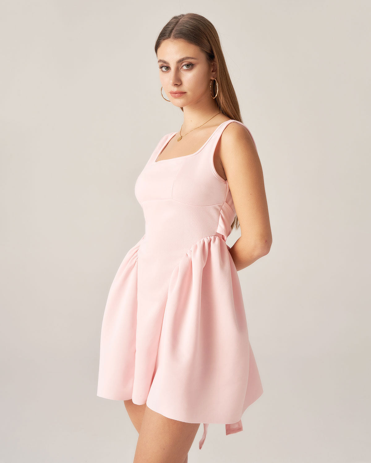 Bettydress Pink Square Neck Bowknot Mini Dress