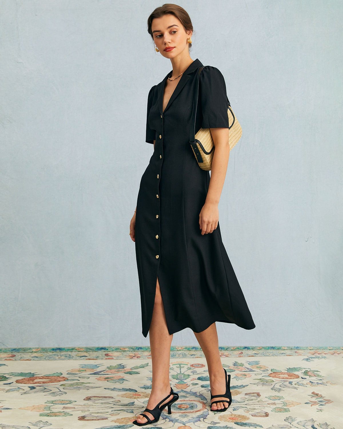 The Black V Neck Button Puff Sleeve Midi Dress