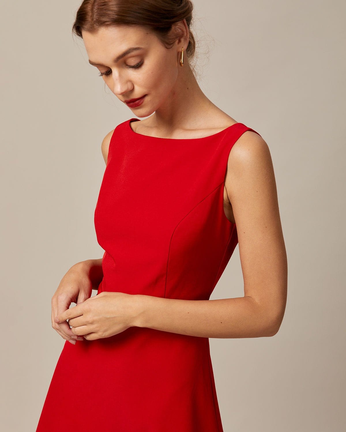 The Red Boat Neck High Waisted Mini Dress