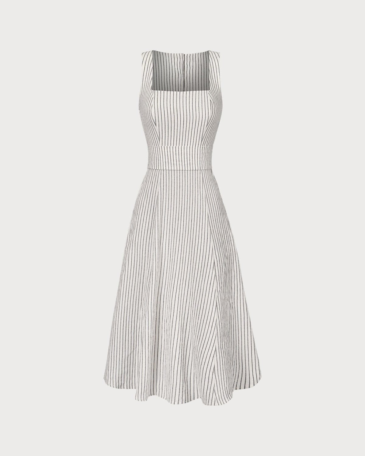 The White Square Neck Striped Midi Dress