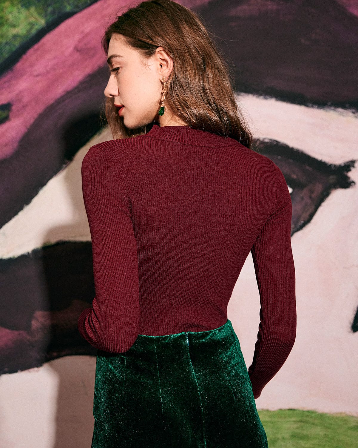 The Wine Red Slim-Fitting Cutout Knit Top