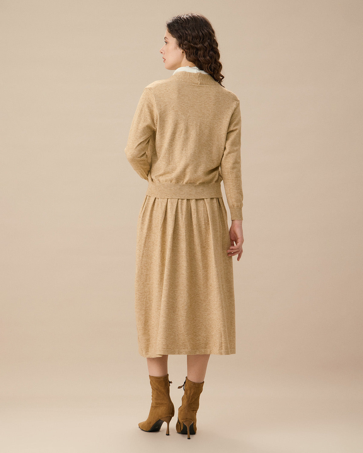 Camel V Neck Cardigan Skirt Set