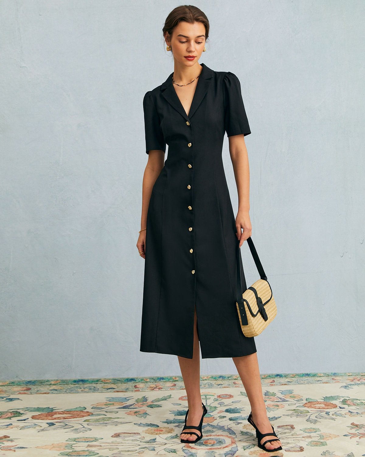 The Black V Neck Button Puff Sleeve Midi Dress