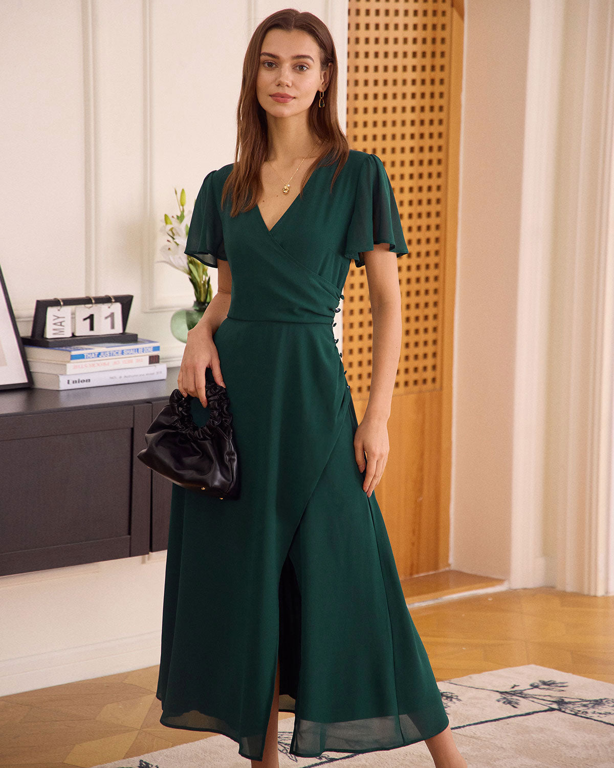 The Green V Neck Button Wrap Maxi Dress