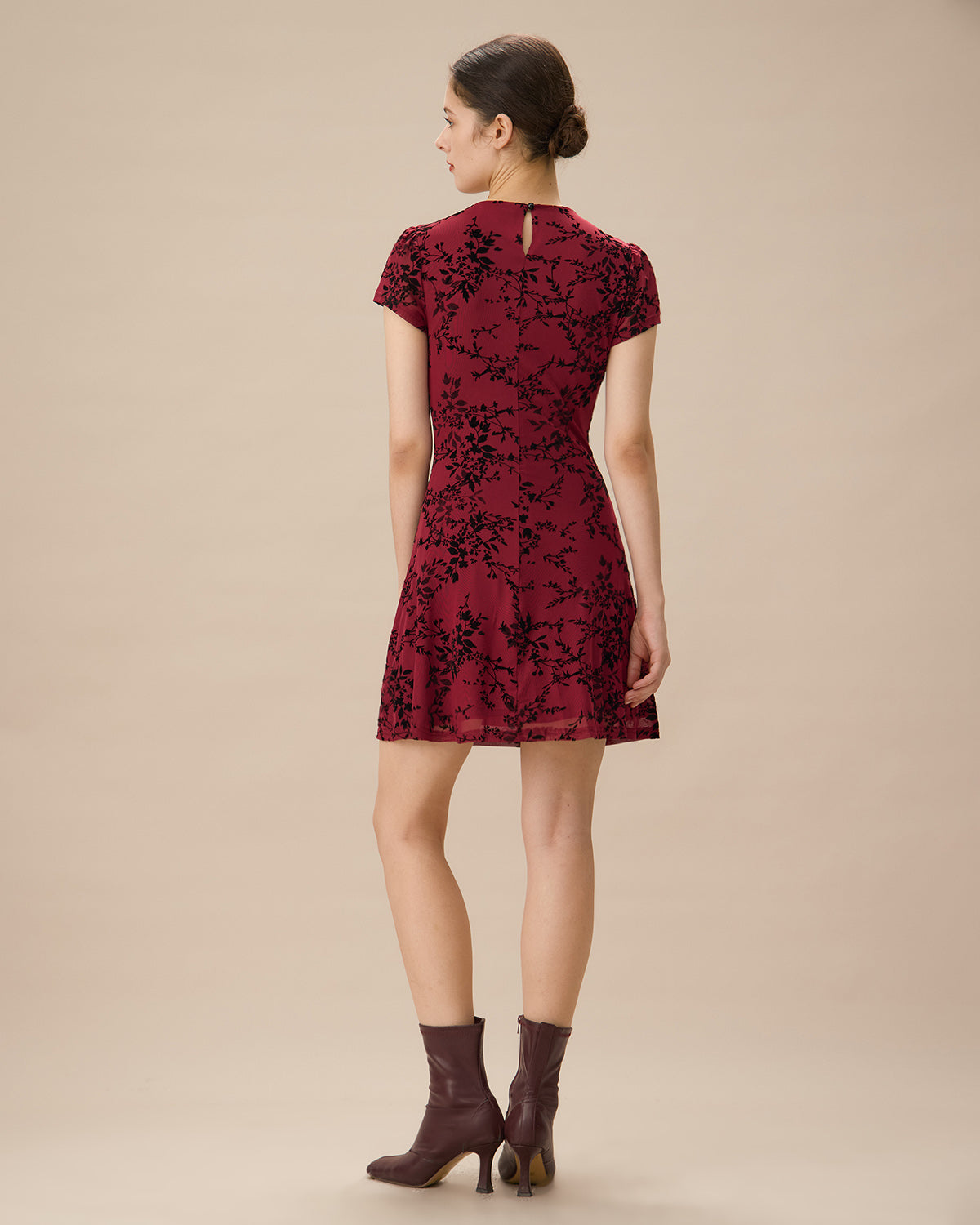 Red Floral Boat Neck Mini Dress