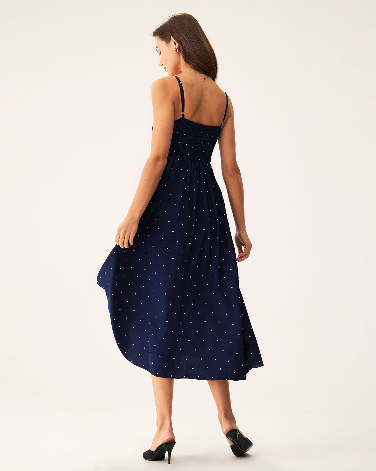 Navy Polka Dot Shirred Slip Midi Dress