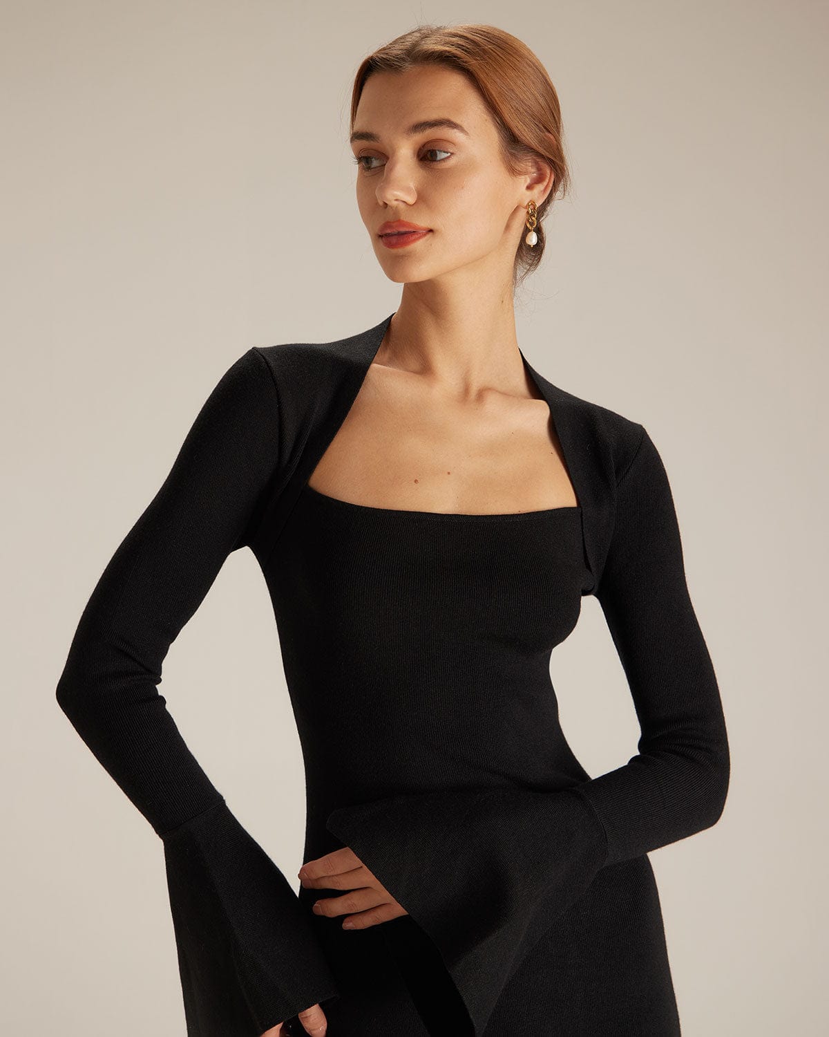 The Black Square Neck Flare Sleeve Midi Dress