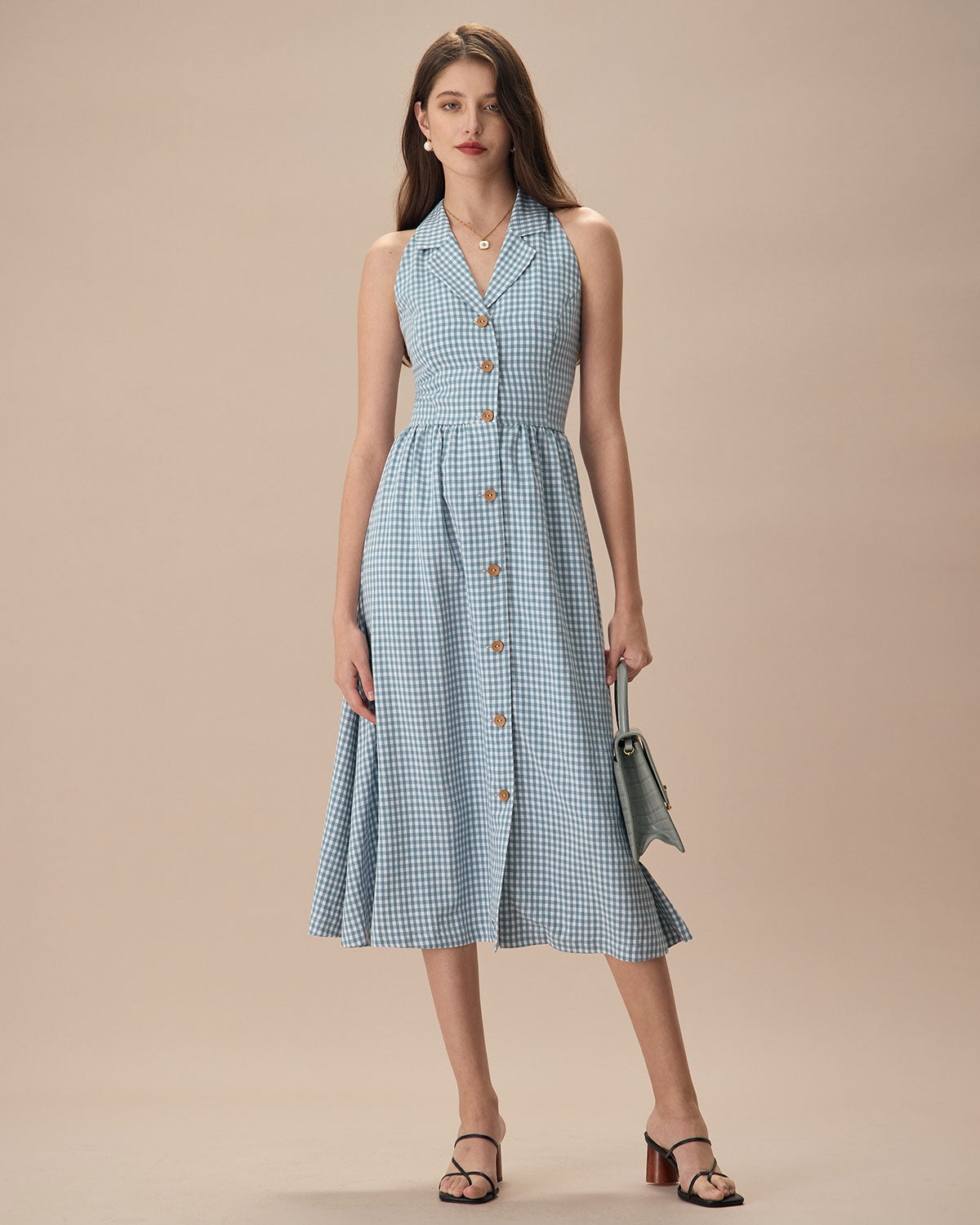 The Blue Lapel Plaid Sleeveless Shirt Midi Dress