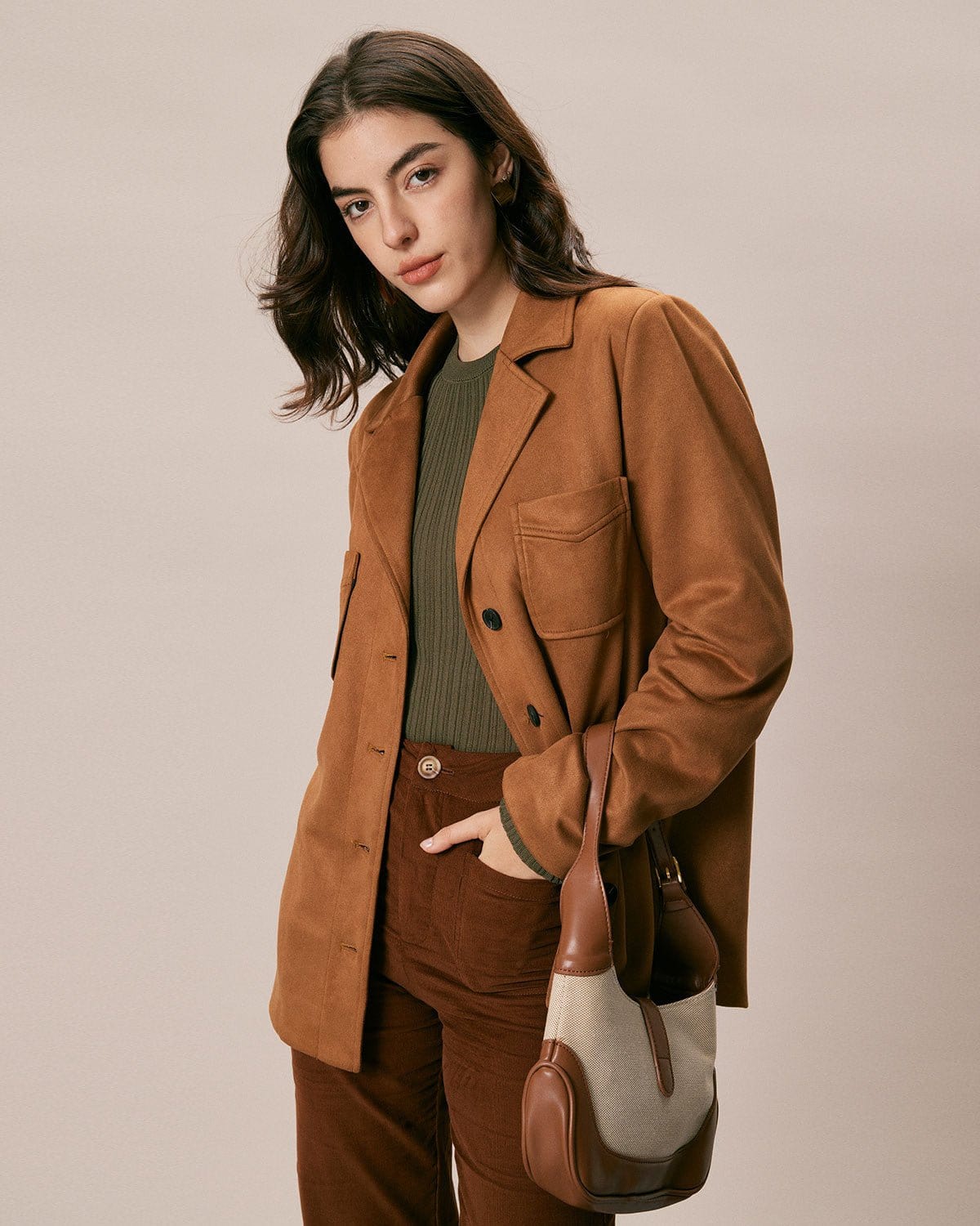 The Brown Lapel Pockets Button Suede Jacket