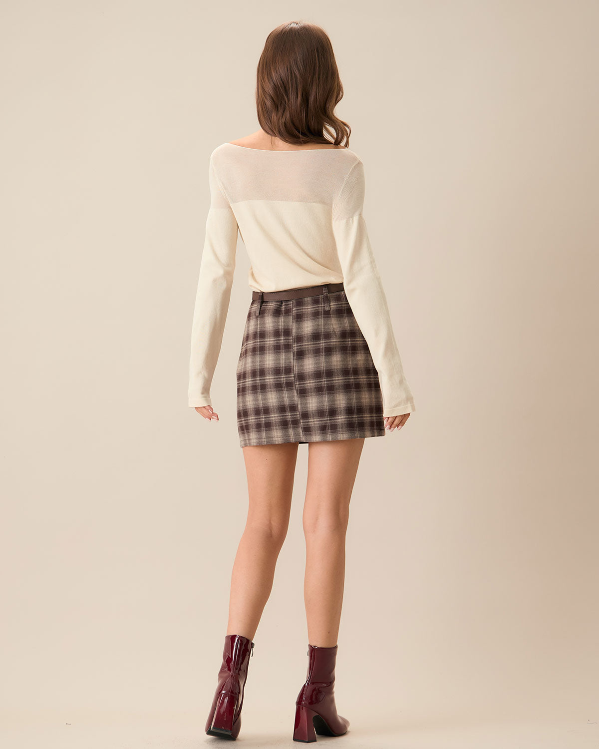 Brown Plaid Straight Mini Skirt