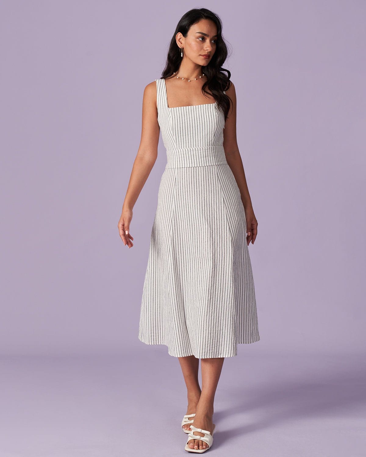 The White Square Neck Striped Midi Dress