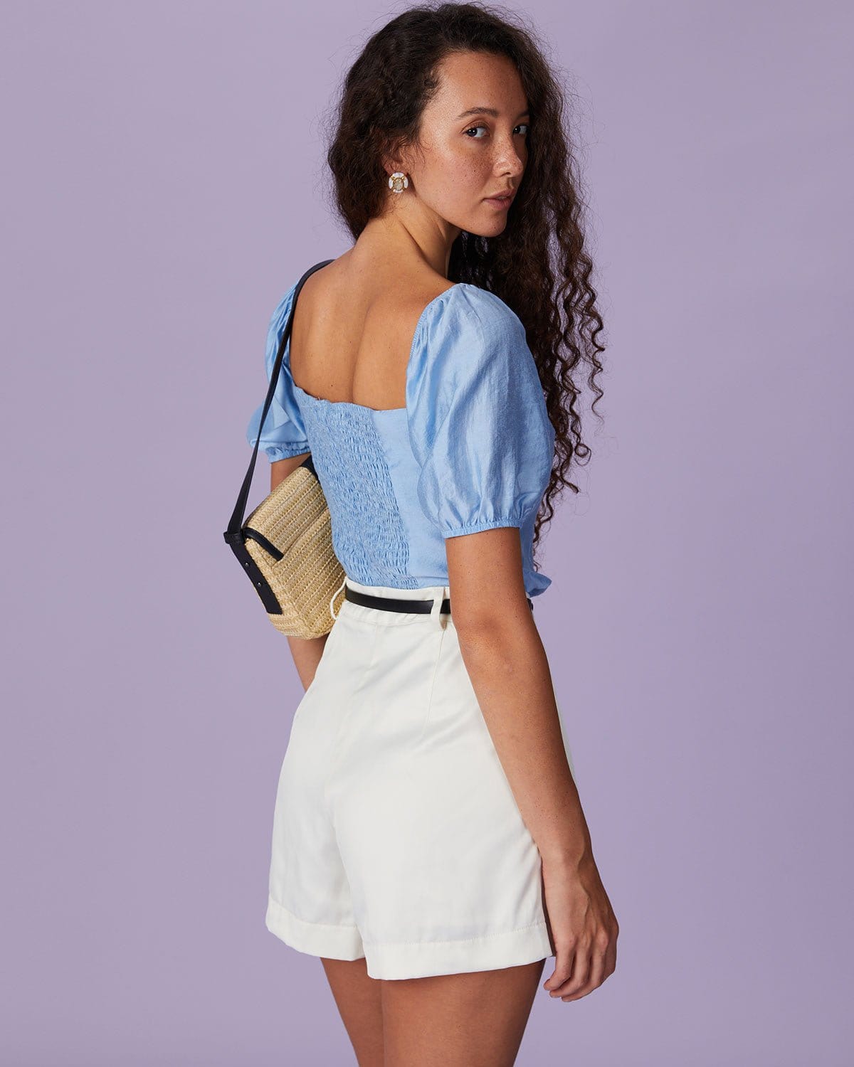 The Blue Sweetheart Neck Puff Sleeve Blouse