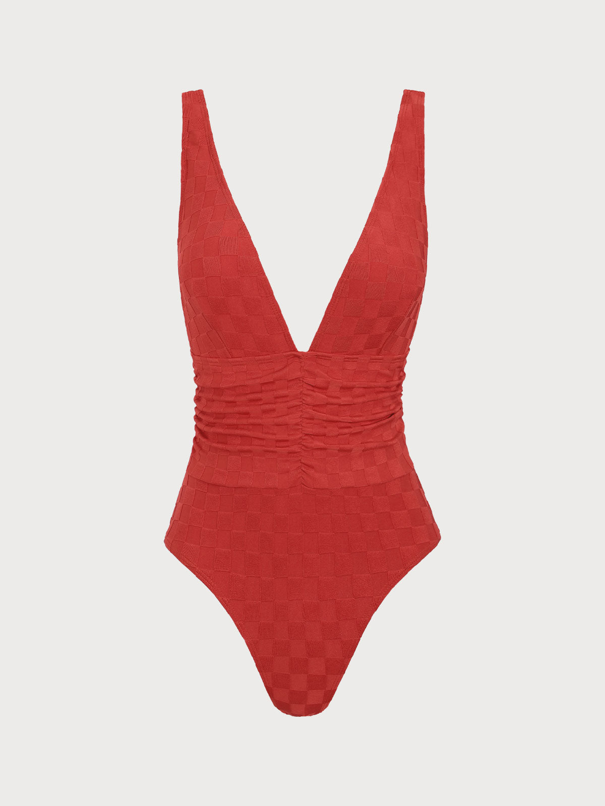 Red Plaid Ruched V-Neck One-Piece Swimsuit