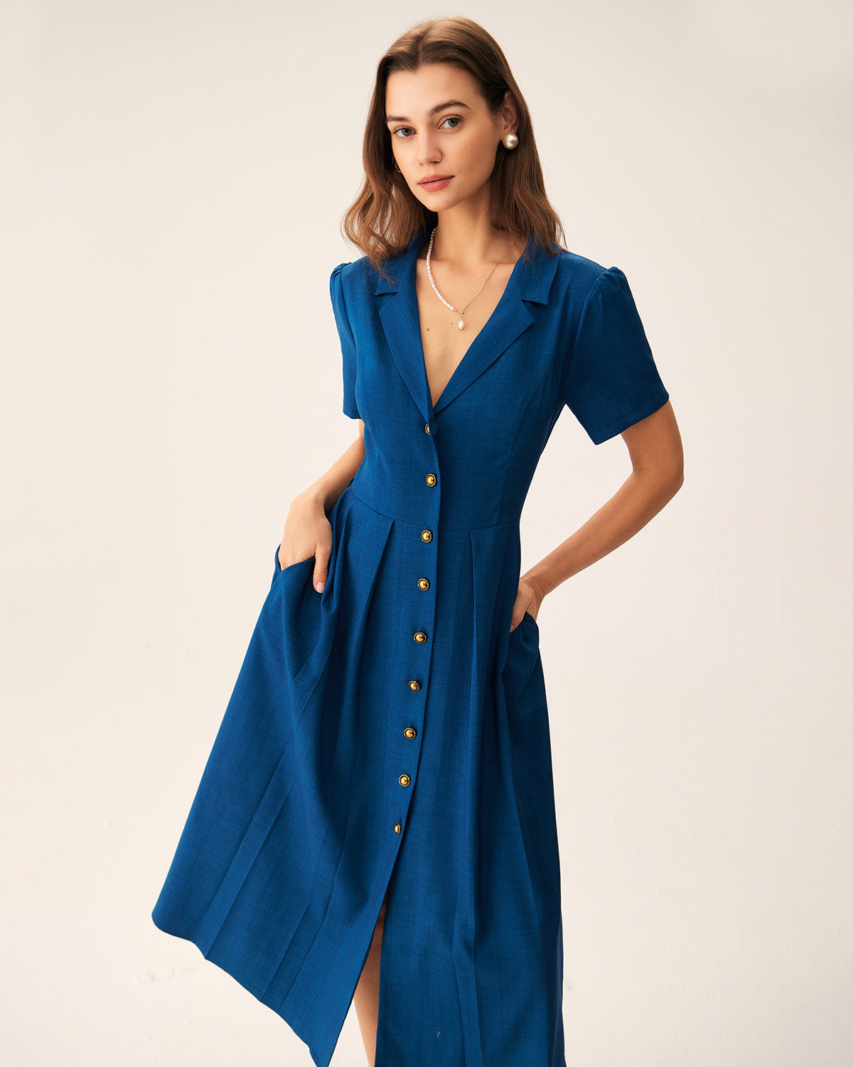 Blue V Neck Pleated Button Midi Dress