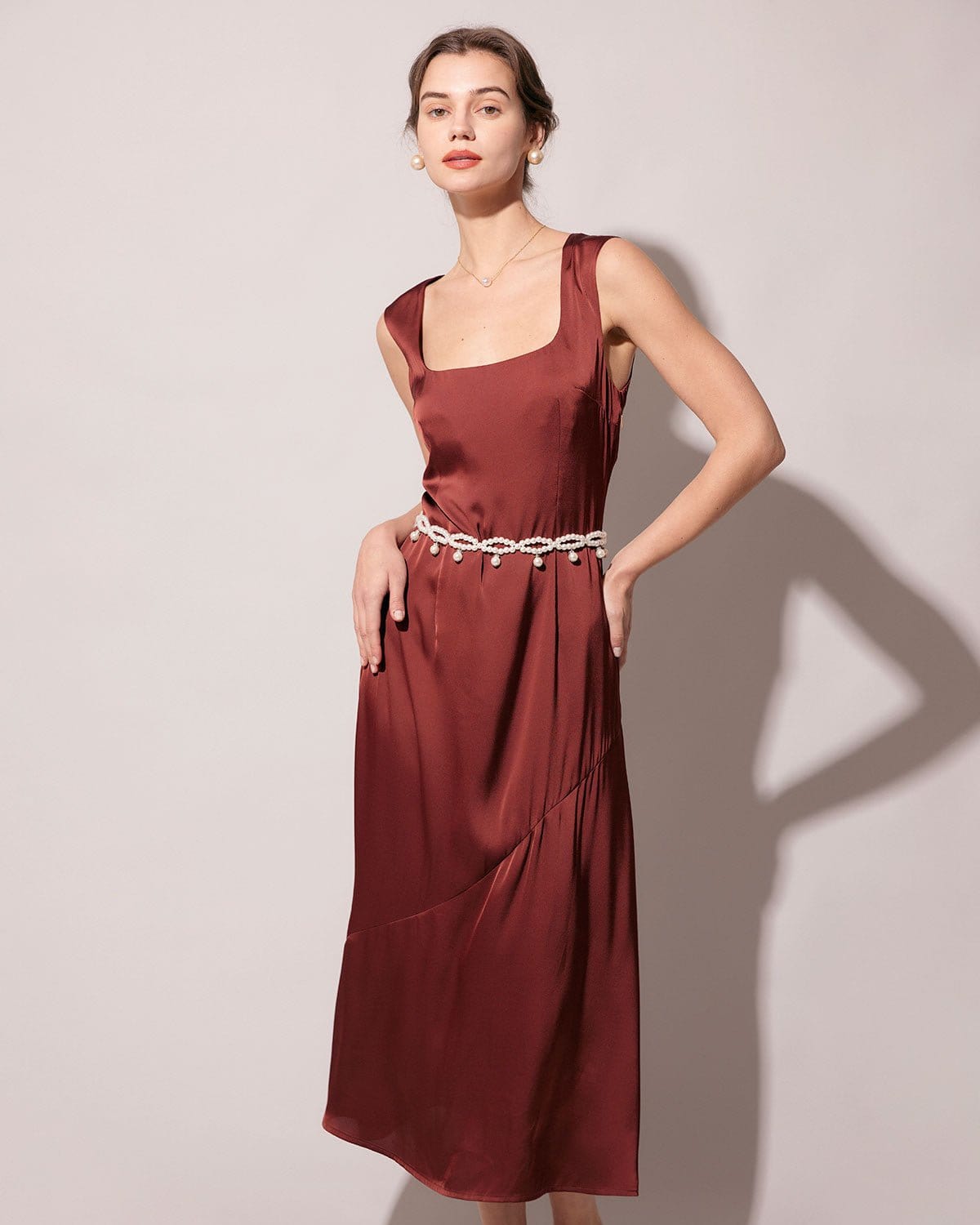 The Coffee Square Neck Sleeveless Satin Midi Dress