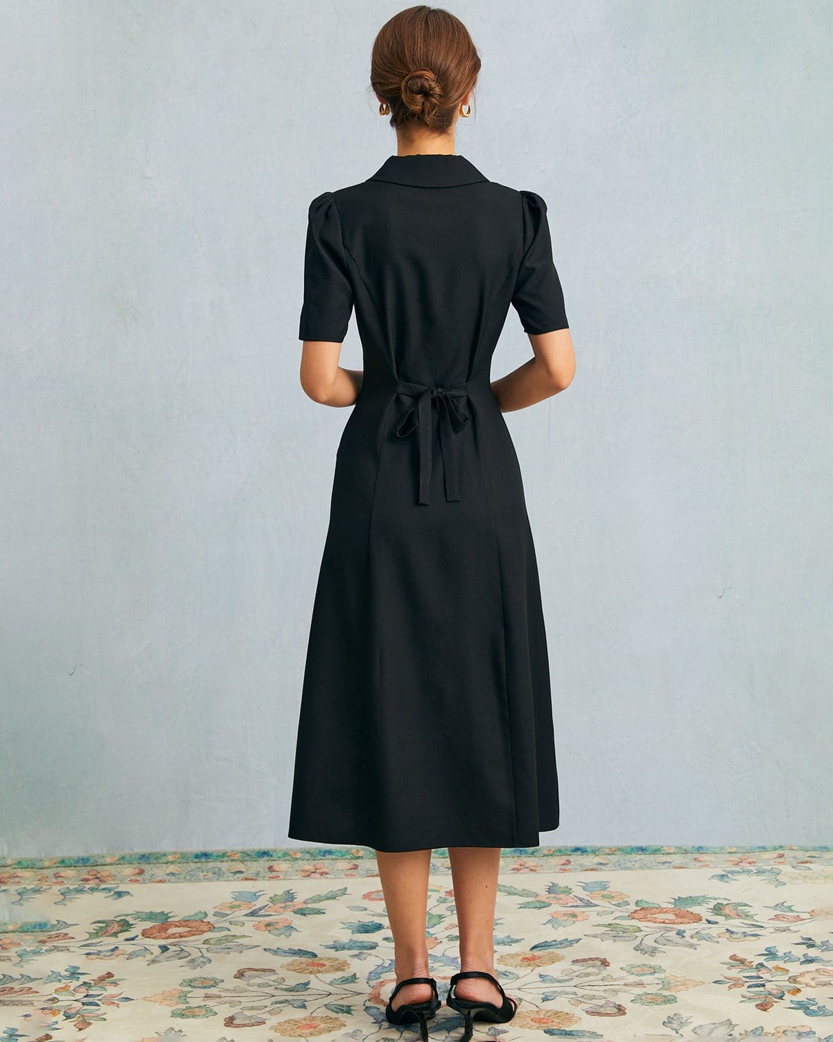 The Black V Neck Button Puff Sleeve Midi Dress