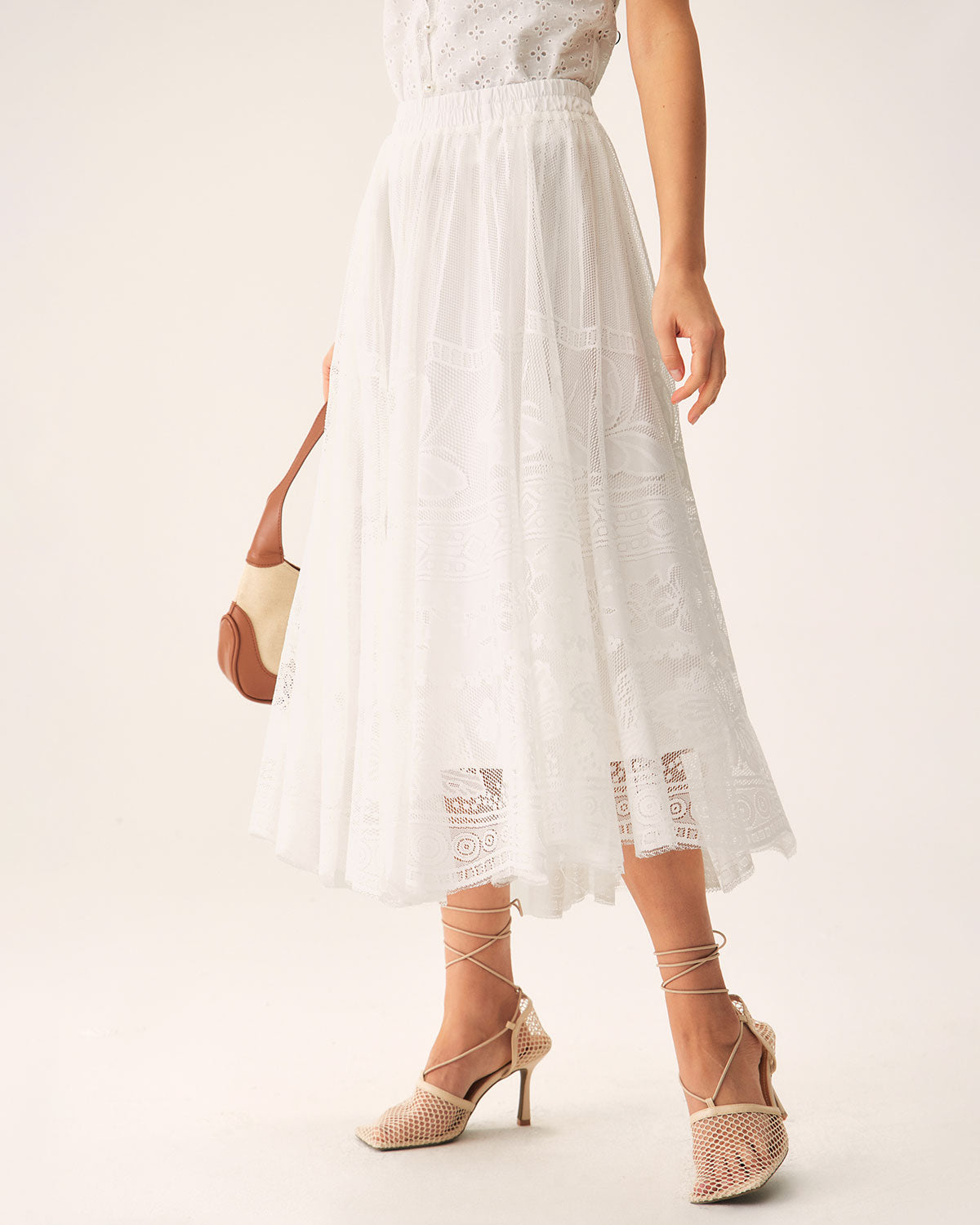 White Lace Elastic Waist Midi Skirt