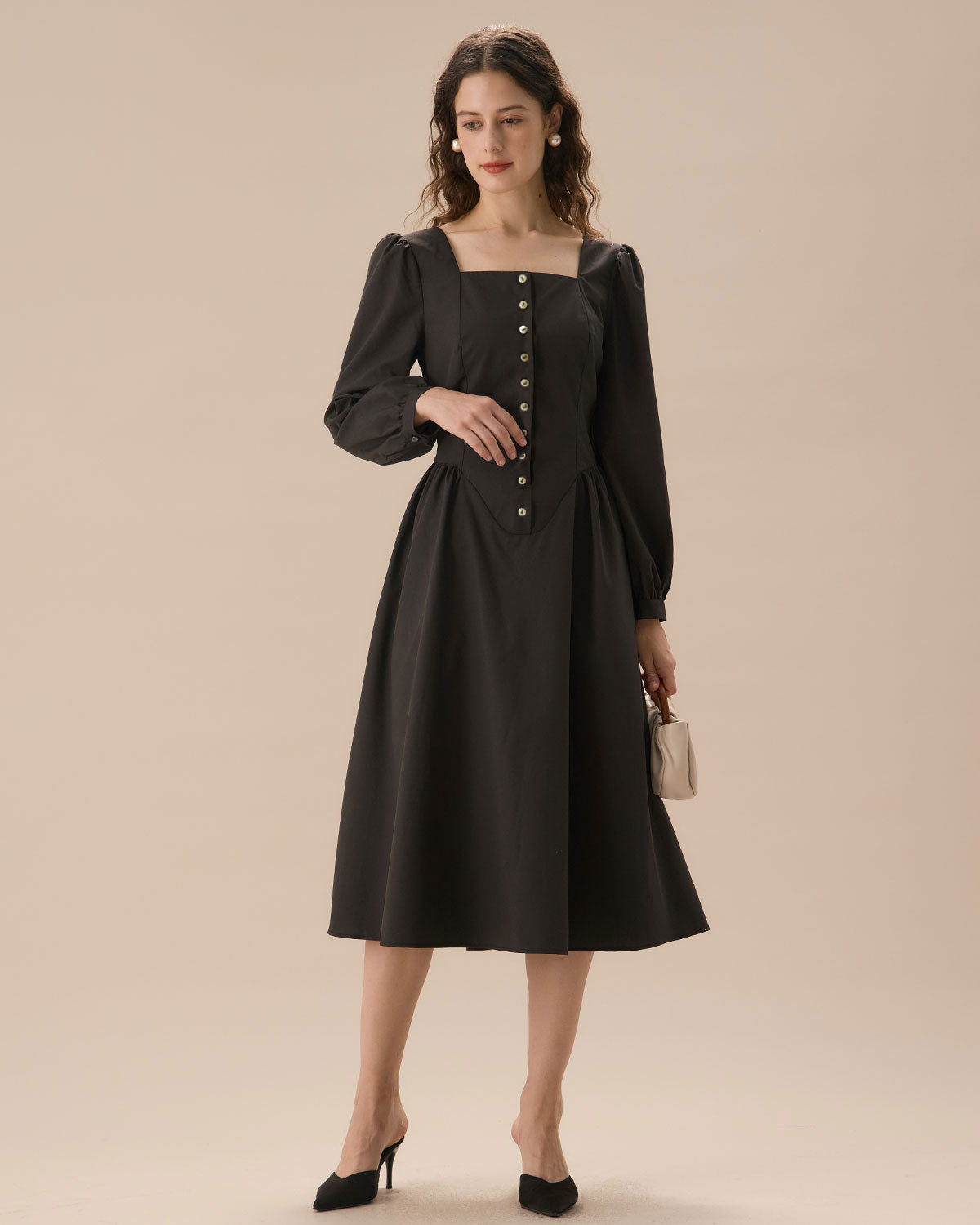 Black Square Neck Puffed Sleeve Midi Dress