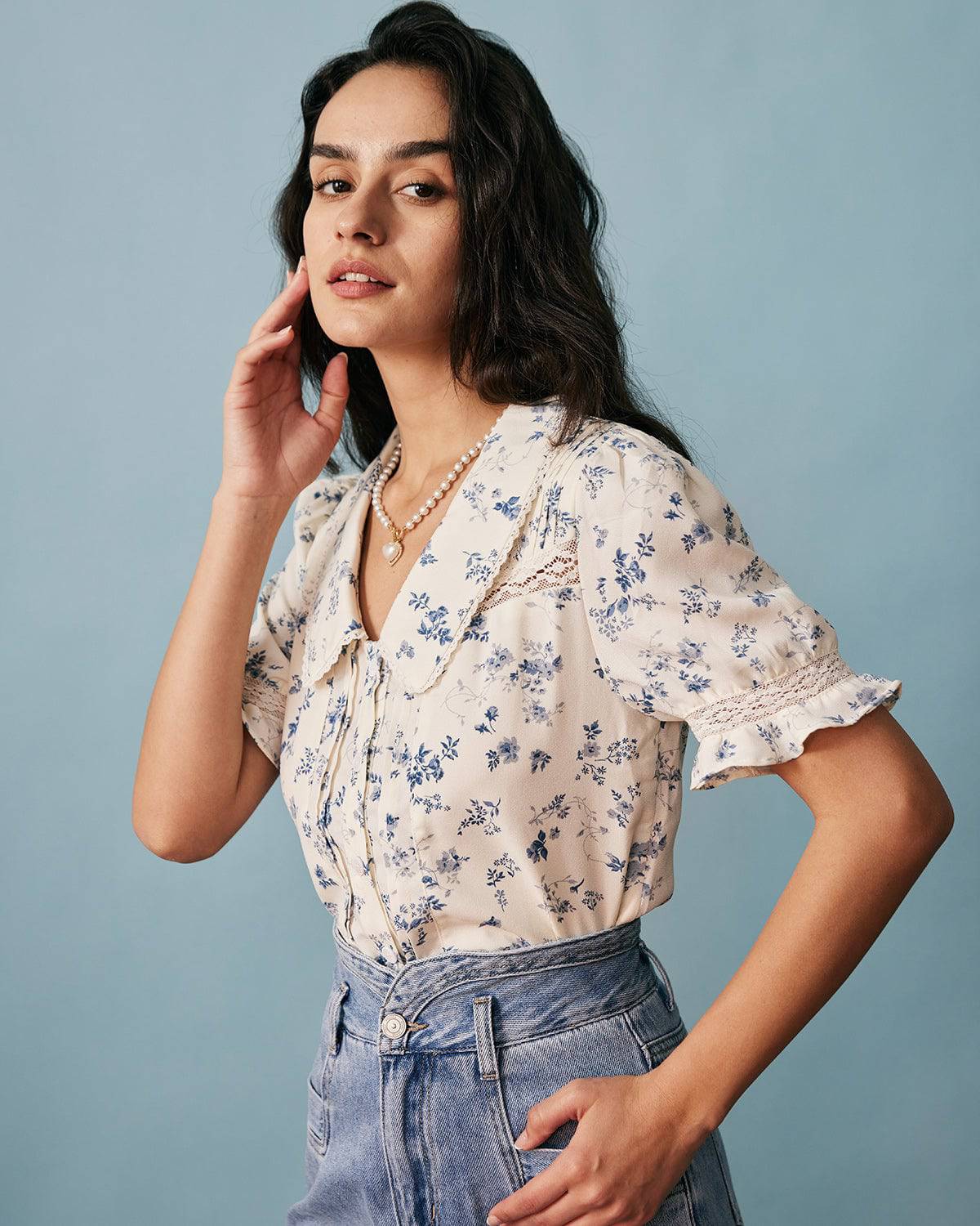 The Lace Spliced Pleated Floral Shirt