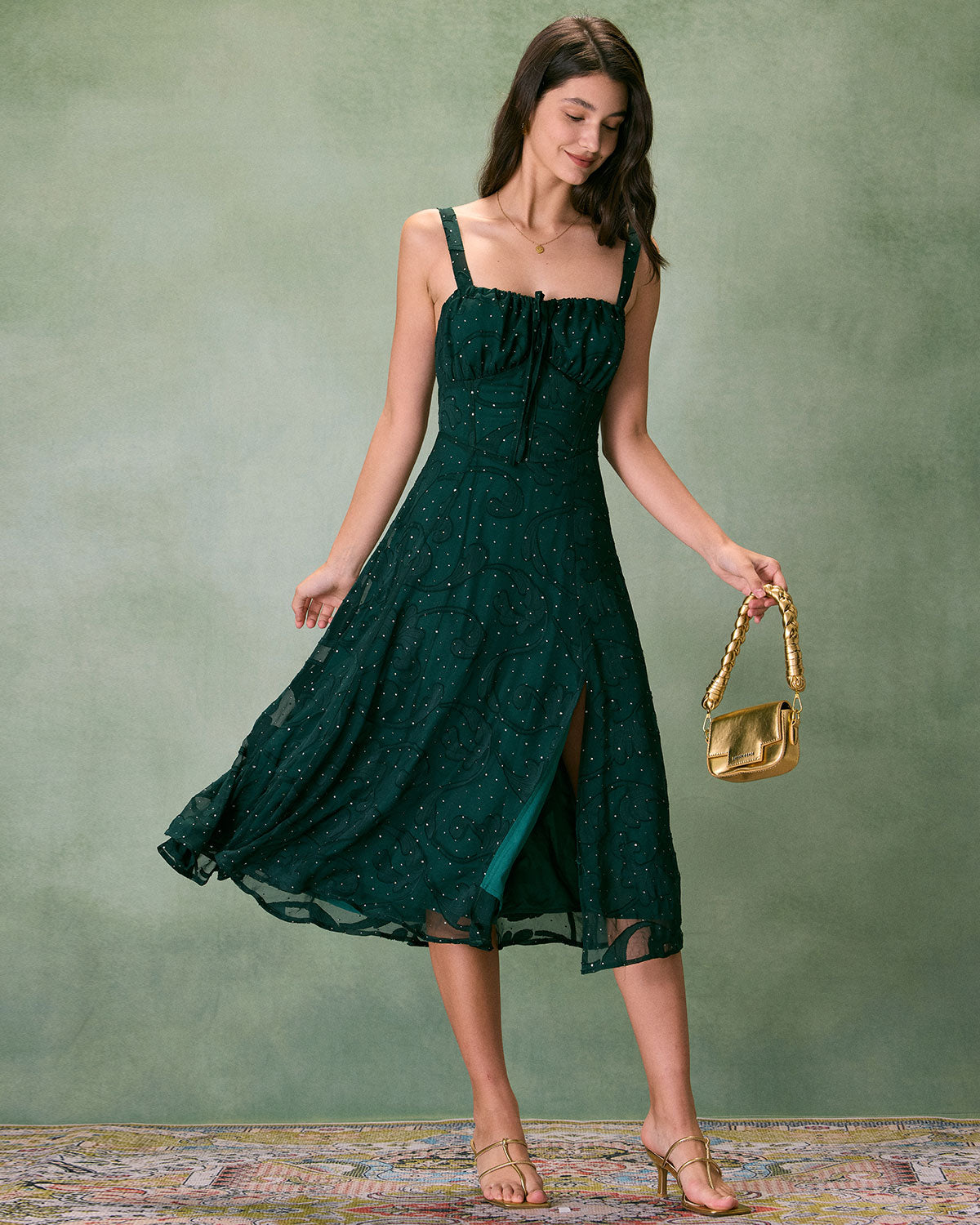 The Green Square Neck Jacquard Slit Midi Dress